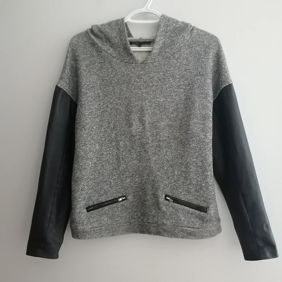 Maje French Terry Hoodie Black Leather Sleeves Heathered Gray Maje 2 or Medium - Picture 16 of 16
